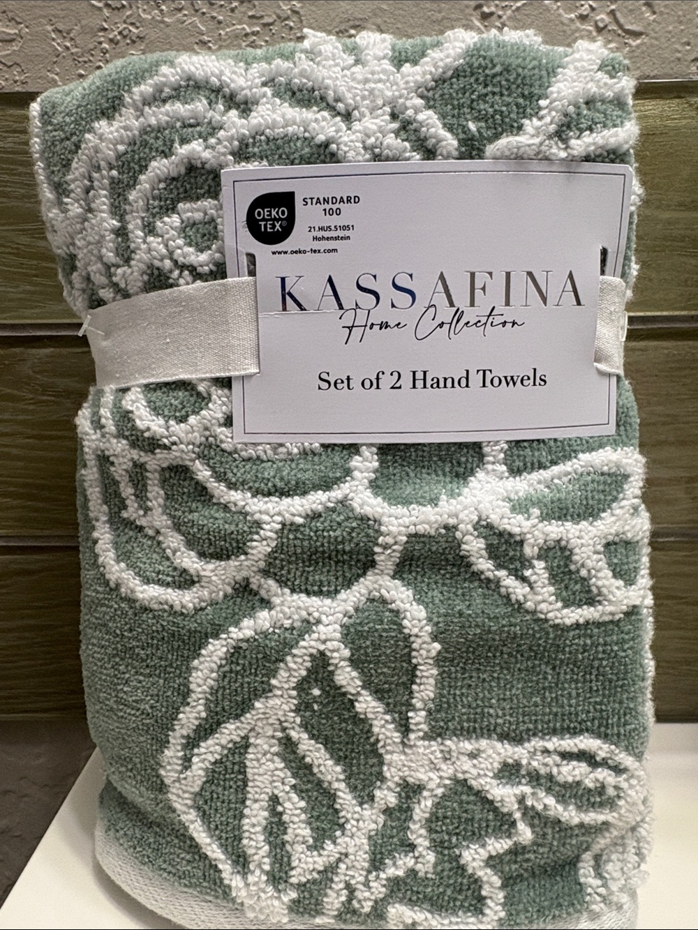 Kassafina home collection Sage Green & White Hand Towels - Set of 2